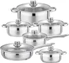 A set of stainless steel pots and pans with glass lids, arranged in a studio setting against a white background. Anteprima dell’immagine prodotto