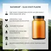 A marketing image with text and icons on the left, and a glass bottle on the right, set against a blurred natural background. Produktbild-Vorschau