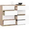 A dresser with white drawers and a wood-grain frame, with some drawers partially open. Produktbild-Vorschau