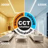 A split image showing a living room with different lighting temperatures, illustrating the CCT (Correlated Color Temperature) feature of LED lights. Produktbild-Vorschau