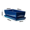A dark blue rectangular ceramic planter with a matching saucer, shown with dimensions indicated by measurement lines and text. Náhled obrázku produktu