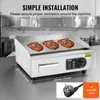 A commercial electric griddle with steaks cooking on it, set in a kitchen environment. Dimensions and installation instructions are overlaid. Anteprima dell’immagine prodotto