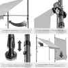 A collage of four images demonstrating the features and assembly of a clamp awning. Produktbild-Vorschau