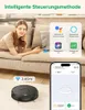 A woman is lying on a sofa, holding a phone and a remote control, while a robotic vacuum cleaner is on the floor nearby. A smartphone screen showing a robot vacuum app is also visible. Náhled obrázku produktu