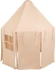 A beige play tent with a hexagonal base and a conical roof, featuring a window with four panes and several fabric panels that can be tied back. Produktbild-Vorschau