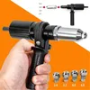 A hand holding a rivet tool with various attachments and rivets shown. Produktbild-Vorschau