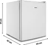 A white Medion mini refrigerator with dimensions indicated. Produktbild-Vorschau