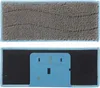 Two views of a rectangular mop pad with a gray fabric top and a blue plastic attachment on the black fabric bottom. Produktbild-Vorschau