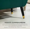 Close-up of the legs of a green upholstered bench with black legs and gold accents, with German text describing the features. Náhled obrázku produktu