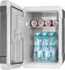 An open mini-refrigerator filled with bottles of water and cans of soda. Náhled obrázku produktu