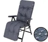 A gray recliner chair with a footrest, shown against a white background. A circular inset shows a close-up of the fabric with water droplets, indicating water resistance. Produktbild-Vorschau