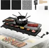 A raclette grill set with various cooking surfaces and accessories, displayed on a table with food. Náhľad obrázku produktu