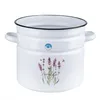 A white enamel pot with a lavender design and handles, set against a white background. Produktbild-Vorschau