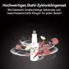 A close-up of a food chopper with ingredients being chopped around it, with text describing the product's features. Produktbild-Vorschau