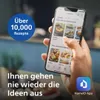 A hand holding a smartphone displaying a recipe app, with promotional text and a logo in the foreground. Produktbild-Vorschau