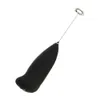 A black electric milk frother with a silver whisk is shown on a white background. Produktbild-Vorschau