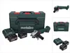 A collage of images showing a Metabo angle grinder set with batteries, charger, and case. Voir les images du produit