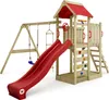 A wooden playground set with a red slide, swings, a climbing wall, and a sandpit, presented on a white background. Anteprima dell’immagine prodotto