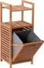 A wooden bathroom shelf unit with a grey fabric laundry basket. Produktbild-Vorschau