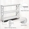 A white console table with three shelves, shown from a slight diagonal angle. Callouts highlight features. Produktbild-Vorschau