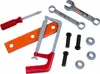 A collection of toy tools, including a screwdriver, a saw, wrenches, bolts, and nuts, laid out on a white background. Produktbild-Vorschau