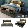 A collage of images showing a modern upholstered bed with storage, its open storage compartment, and a separate view of the bed frame with the slatted base raised. Náhled obrázku produktu