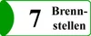 A sign with the number 7 and the text 'Brennstellen' on a white background with a green border and a green curved shape on the left. Produktbild-Vorschau