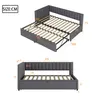 Two views of a grey upholstered bed frame with dimensions labeled. Produktbild-Vorschau