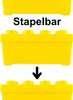 Two yellow LEGO storage boxes are shown, with an arrow indicating that the top box can be stacked on the bottom box. Podgląd zdjęcia produktu
