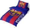 A Barcelona FC themed duvet cover and pillow set on a white bed. Voir les images du produit