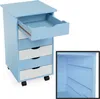 A light blue and white mobile filing cabinet with one drawer open, and a close-up inset view of the interior drawer slides. Náhled obrázku produktu