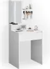 A white vanity table with a mirror and shelves, displaying makeup. Produktbild-Vorschau