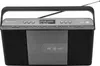 A black and gray portable radio with a CD player and an extended antenna. Voir les images du produit