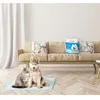 A dog and cat are sitting on a training pad in front of a couch. A package of training pads is on the couch. Produktbild-Vorschau