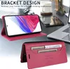 A smartphone case is shown in two configurations: one as a stand with a phone, and another opened to reveal card slots. The background shows a desk with a laptop and other office items. Produktbild-Vorschau