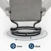 Close-up of the base of a gray fabric recliner chair, showing its 360-degree swivel base and two icons with text indicating features. Voir les images du produit