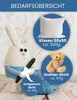 A collage of items related to crafting, including a crocheted bunny, a pillow, a teddy bear, and yarn, with text overlays indicating quantities and sizes. Produktbild-Vorschau