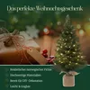 A decorated Christmas gift and a small, lit artificial Christmas tree on a wooden surface with bokeh lights in the background. Anteprima dell’immagine prodotto