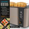 A toaster with toast in it, along with a diagram explaining its features and some food images. Produktbild-Vorschau