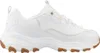 A side view of a white Skechers D'Lites chunky sneaker with tan accents and a brown sole. Produktbild-Vorschau