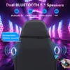 The back of a black gaming chair with built-in speakers, against a neon-lit background. Text overlays highlight features like 'Dual Bluetooth 5.1 Speakers' and 'Immersive stereo sound'. Produktbild-Vorschau