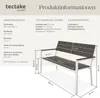 A diagram showing the dimensions of a garden bench, with technical specifications and delivery contents listed. Náhled obrázku produktu