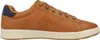 A side view of a brown leather sneaker with a beige sole and a small blue accent on the heel. Anteprima dell’immagine prodotto