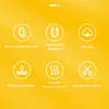A grid of icons with German text describing product features against a yellow background. Produktbild-Vorschau