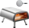 A stainless steel pizza oven with a pizza inside, and a pizza peel above it, on a white background. Produktbild-Vorschau