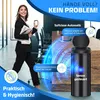 A woman in a business suit walks with a coffee cup and papers, while a sensor-activated trash can is shown in an office setting. Produktbild-Vorschau