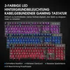 Three keyboards with different LED backlighting colors stacked on top of each other, with text describing features. Produktbild-Vorschau