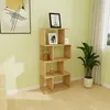 A wooden bookshelf with decorative items in a room with light green walls and a window with curtains. Produktbild-Vorschau