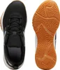 A pair of black Puma hallenschuhe (indoor shoes) for children, shown from a top-down view and a bottom-up view of the sole. Anteprima dell’immagine prodotto