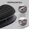 Close-up of an inflatable pillow showing its double valve system with instructional text. Produktbild-Vorschau